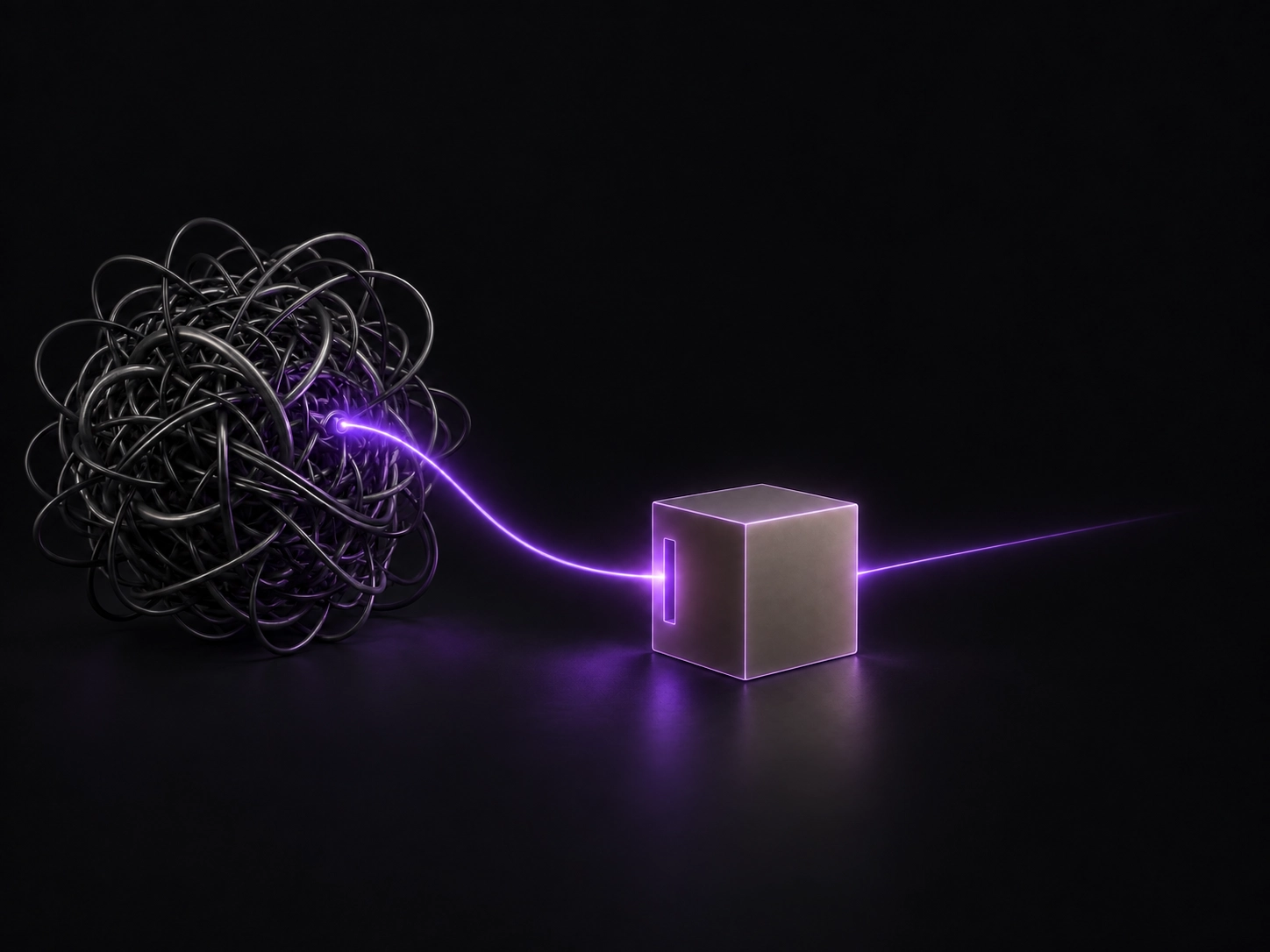 Un nudo de líneas se encamina hacia un cubo iluminado; un recorrido violeta continúa con dirección al otro lado.